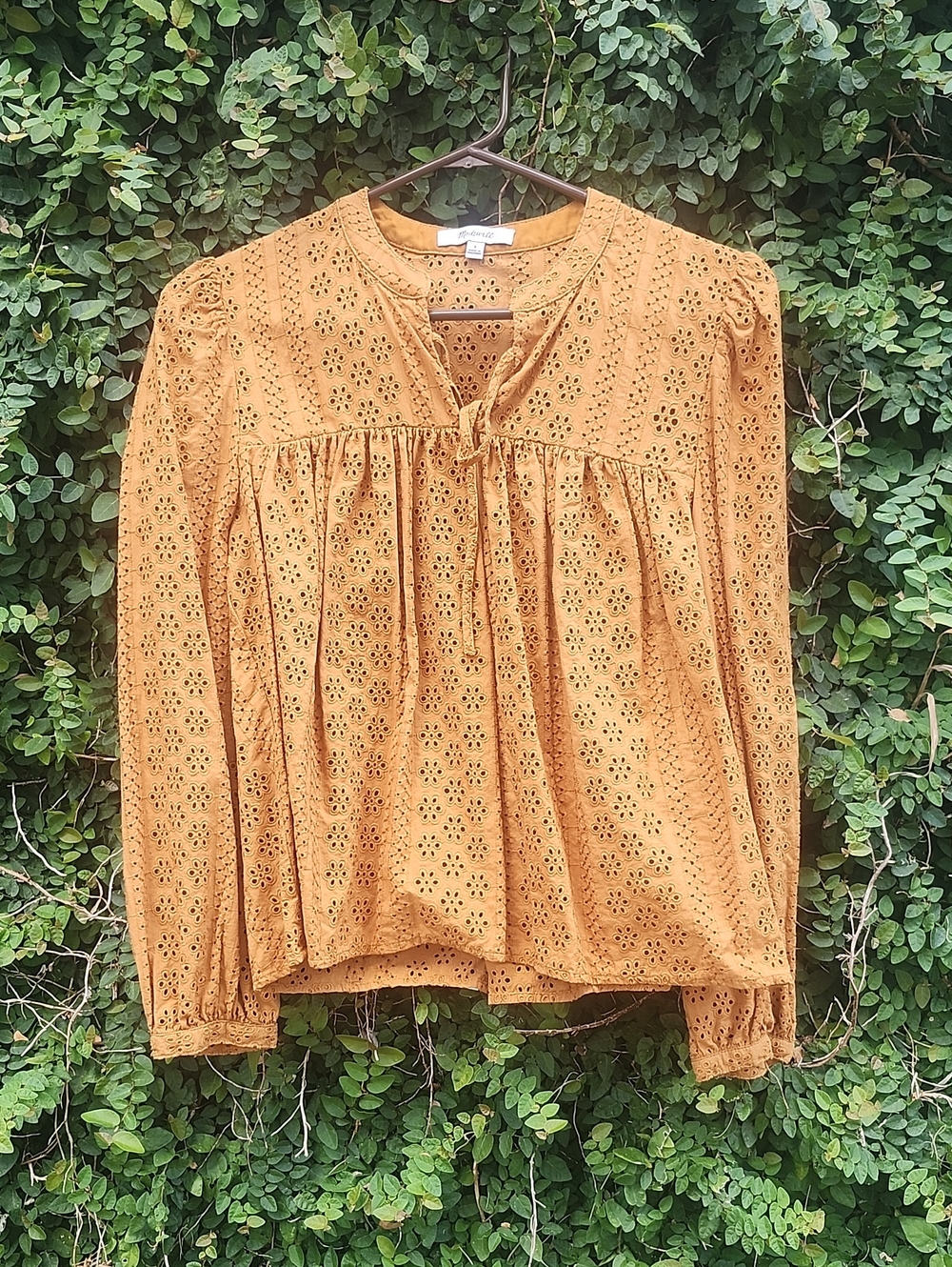 Madewell Burnt Orange Eyelet Peasant Blouse With Tie-Neck Top